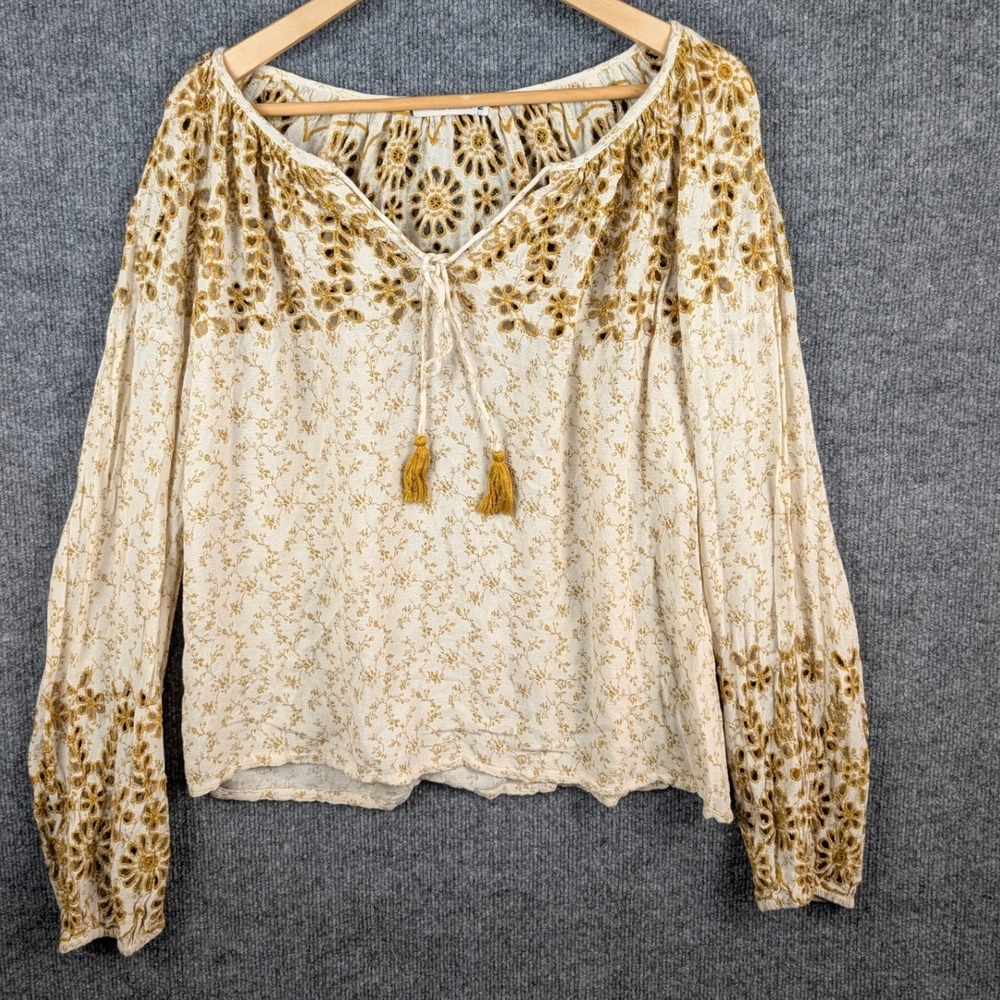 Mod Goddess Top M Women Cream Floral Eyelet Embroidery Tassel Peasant Cottage
